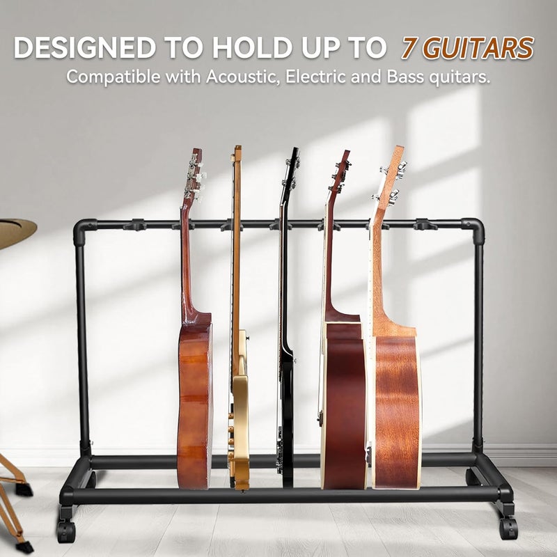 Azor 7 Multi Guitar Stand Rack with Wheels, Folding Design 7 Holder Guitar Rack for Acoustic Electric Guitar, Bass, Soft Cushioning Sponge Protects Your Instruments - Image 2